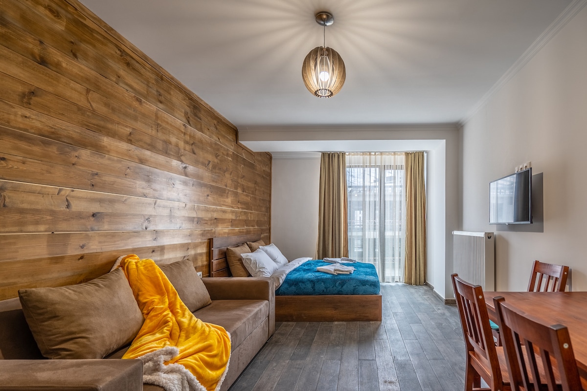 A spacious studio features a wooden accent wall and a cozy seating area with an orange throw blanket draped over the sofa. Natural light fills the room, highlighting a comfortable bed with a teal blanket and soft linens, along with a dining area nearby.