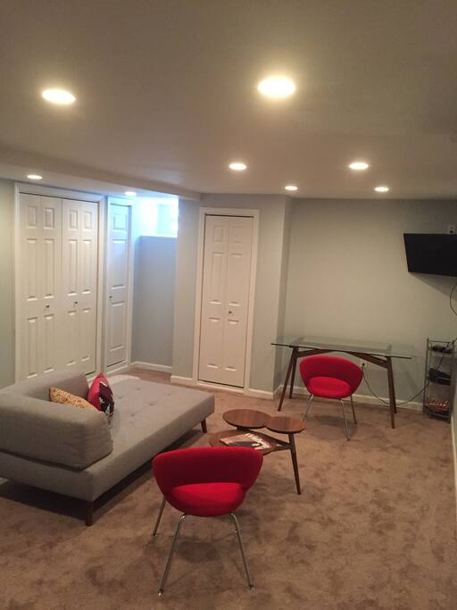 Living Space with a microwave & small refrigerator.