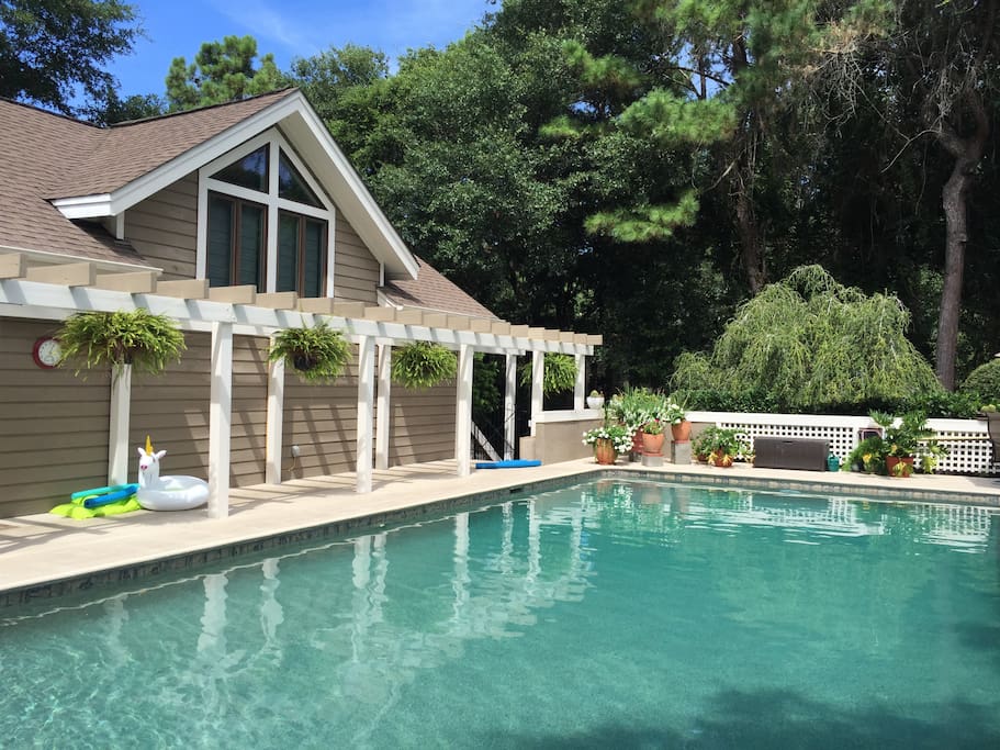 Outside of pool house, with view of pool house which is a separate rental