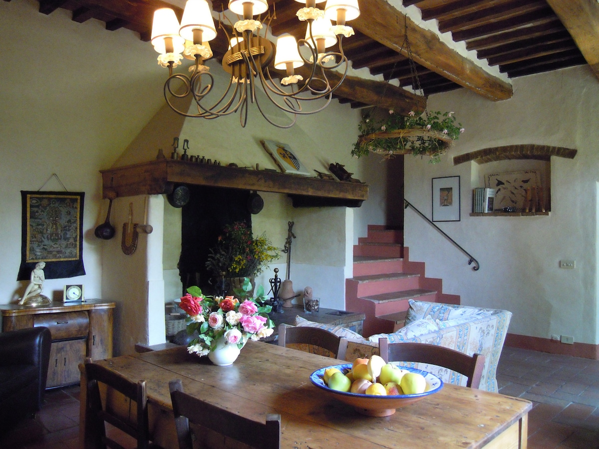 A spacious living and dining area is featured, complete with a wooden table adorned with fresh fruit. A rustic chandelier hangs from the ceiling, illuminating the stone fireplace. Stairs are visible in the background, leading to the upper level, against a backdrop of warm, earthy tones.