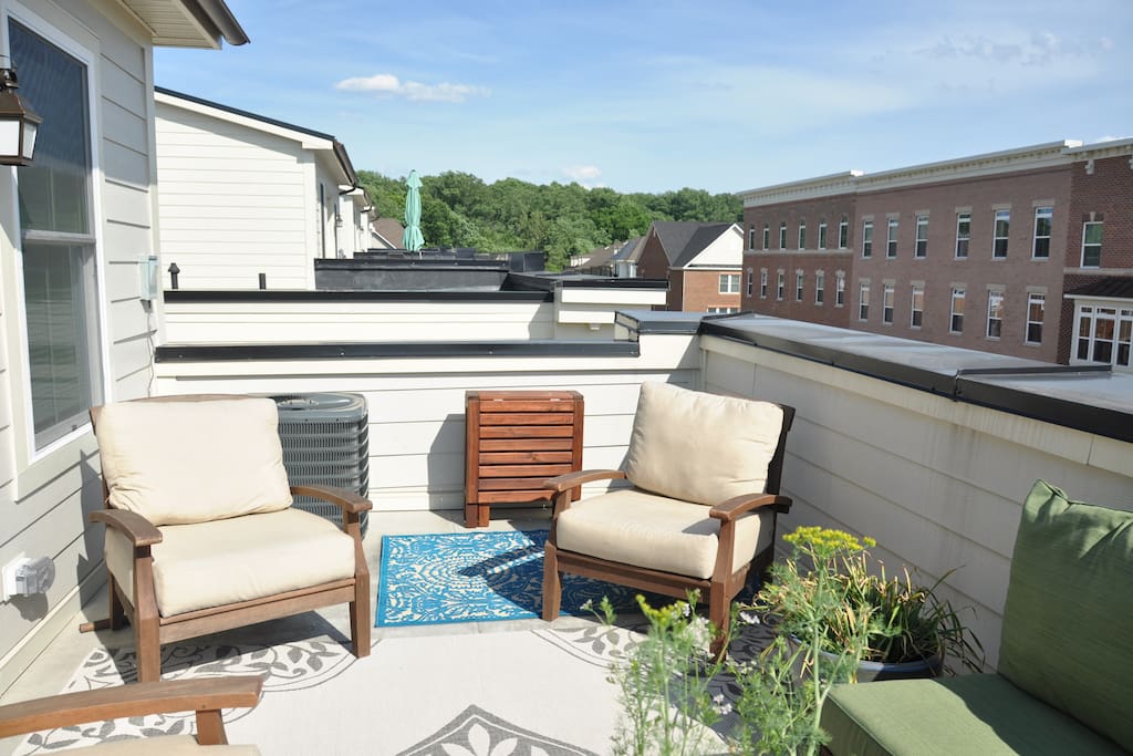 The rooftop deck has chairs and plants