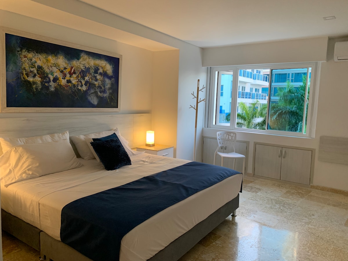 Ruime hoofdslaapkamer met kingsize bed en eigen badkamer, kast, uitzicht op de lucht en de oceaan.