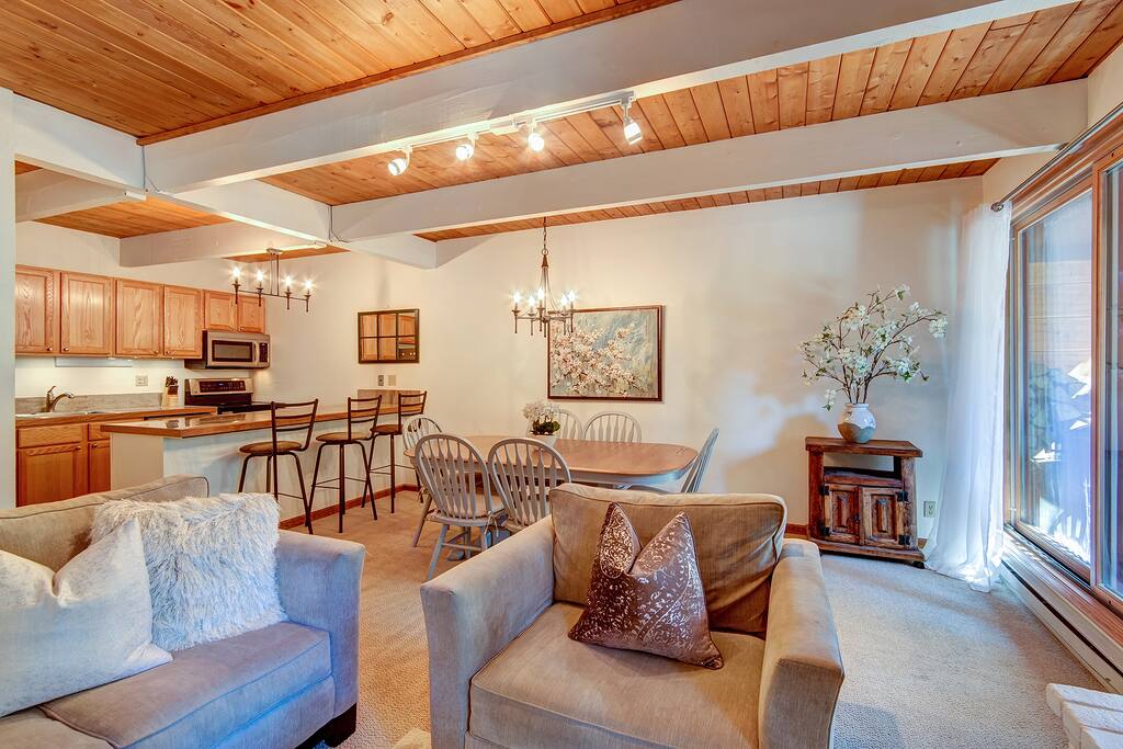 Light, bright living area with high ceilings
