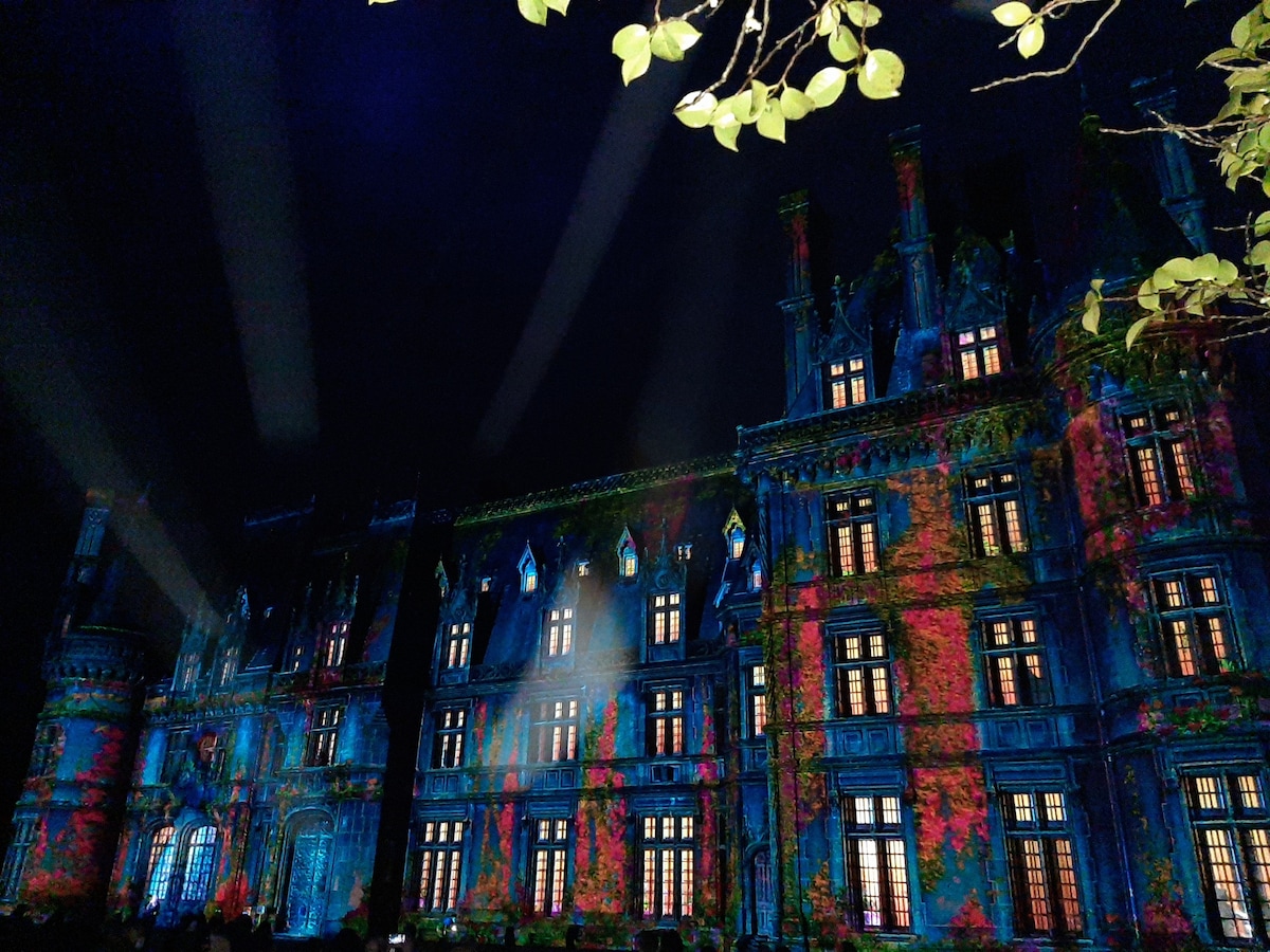 A historic building is illuminated at night with colorful projections casting patterns onto its facade. Bright windows contrast against the dark exterior, while beams of light create an ethereal atmosphere. Surrounding foliage is subtly highlighted, enhancing the overall visual impact.