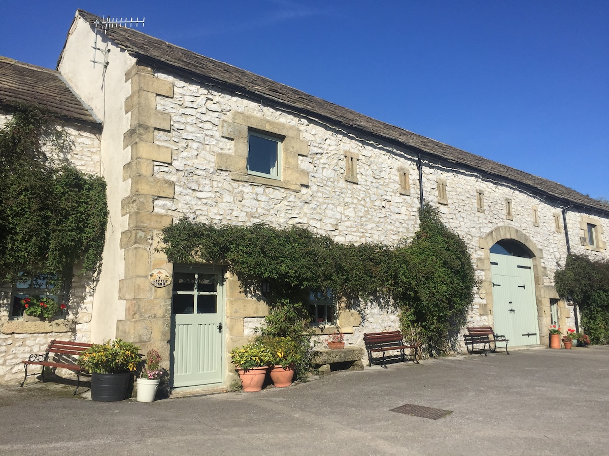 The exterior of a converted barn is presented, showcasing a stone facade adorned with climbing greenery. Two benches invite seating, while colorful planters add a touch of vibrancy. A large wooden door serves as a prominent entry point, framed by a clear blue sky.