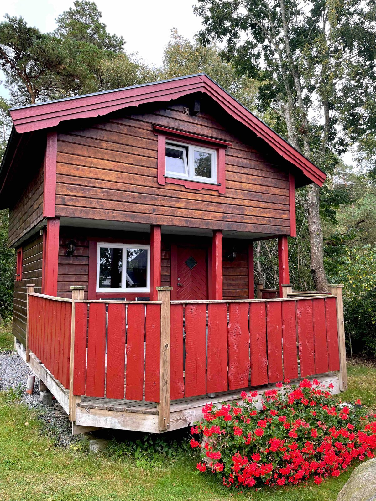 A charming wooden cottage features vibrant red siding and a welcoming porch with a wooden railing. Lush greenery surrounds the structure, and bright flowers are planted near the entrance, creating a colorful contrast against the rustic exterior. Large windows allow natural light into the space.