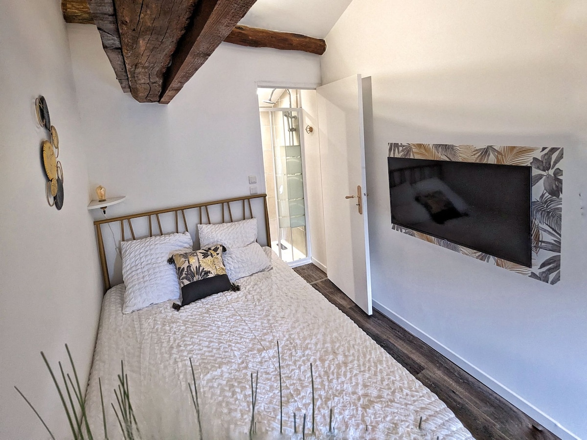 A cozy sleeping area features a spacious bed with light bedding, positioned against a simple white wall. Exposed beams are visible on the ceiling, and a flat-screen television is mounted on the opposite wall. A glass shower can be seen through an open door, adding to the modern design.