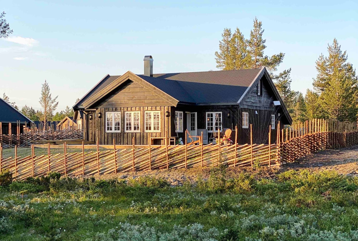 A traditional cabin is surrounded by a natural landscape, featuring a rustic wooden fence. Large windows and a covered porch invite ample light, while outdoor seating is positioned for relaxation. The structure is complemented by trees and open grassy areas, reflecting a serene mountain setting.