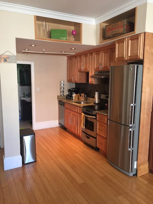 The kitchen is fully equipped with microwave, toaster oven, range, refrigerator, and dishwasher. Also, dishes, silverware, and pots/pans are available if you decide to cook any of your meals.