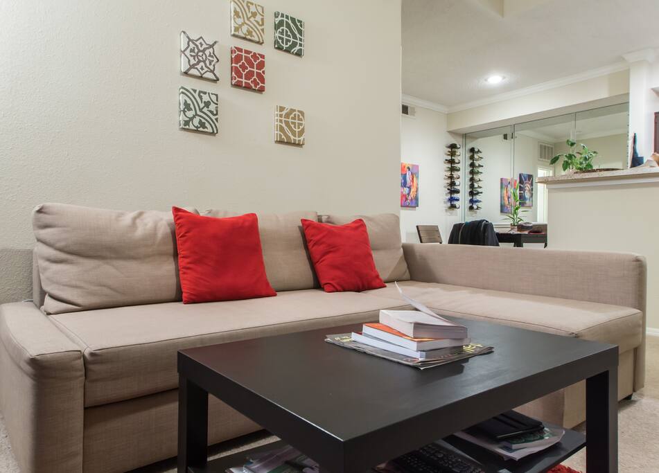 The sofa bed opens to a queen size