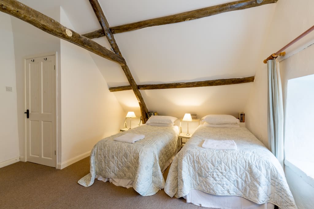 Spacious main bedroom with old beams
