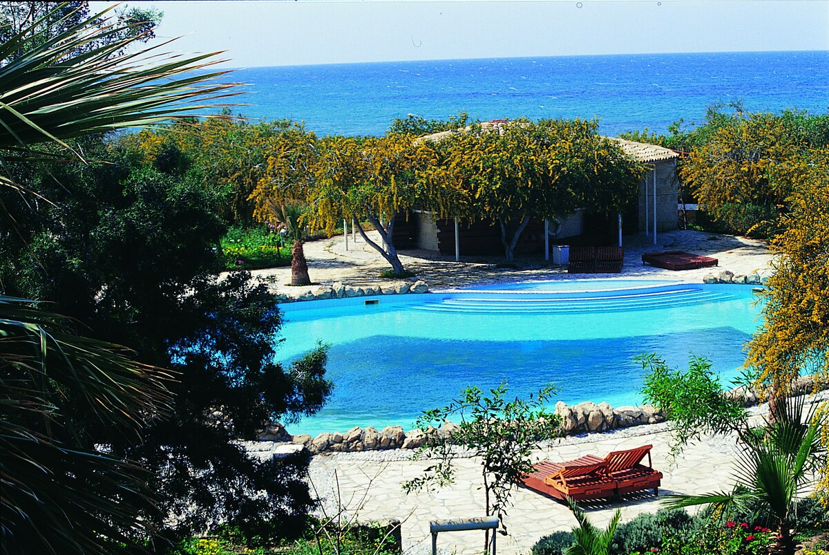 A large swimming pool is set within beautifully landscaped gardens, surrounded by lush greenery and mature trees. The clear blue water reflects the sky, with the sea visible in the background, creating a serene outdoor space for relaxation.