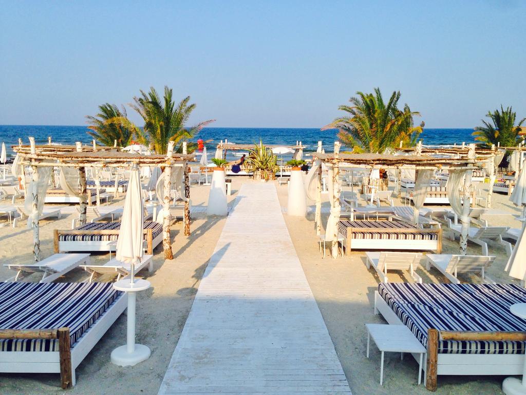 The beach area features well-arranged sunbeds with striped cushions, positioned on soft sand. Palm trees provide shade, while a wooden walkway leads toward the water's edge. Umbrellas stand ready for use, framing views of the ocean and clear blue sky.