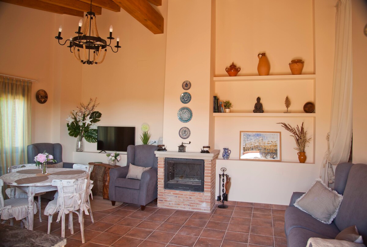 A cozy living area features two comfortable armchairs beside a brick fireplace. A wooden dining table, surrounded by mismatched chairs, sits in the center. Shelves display decorative items, and natural light streams through sheer curtains, creating an inviting space.