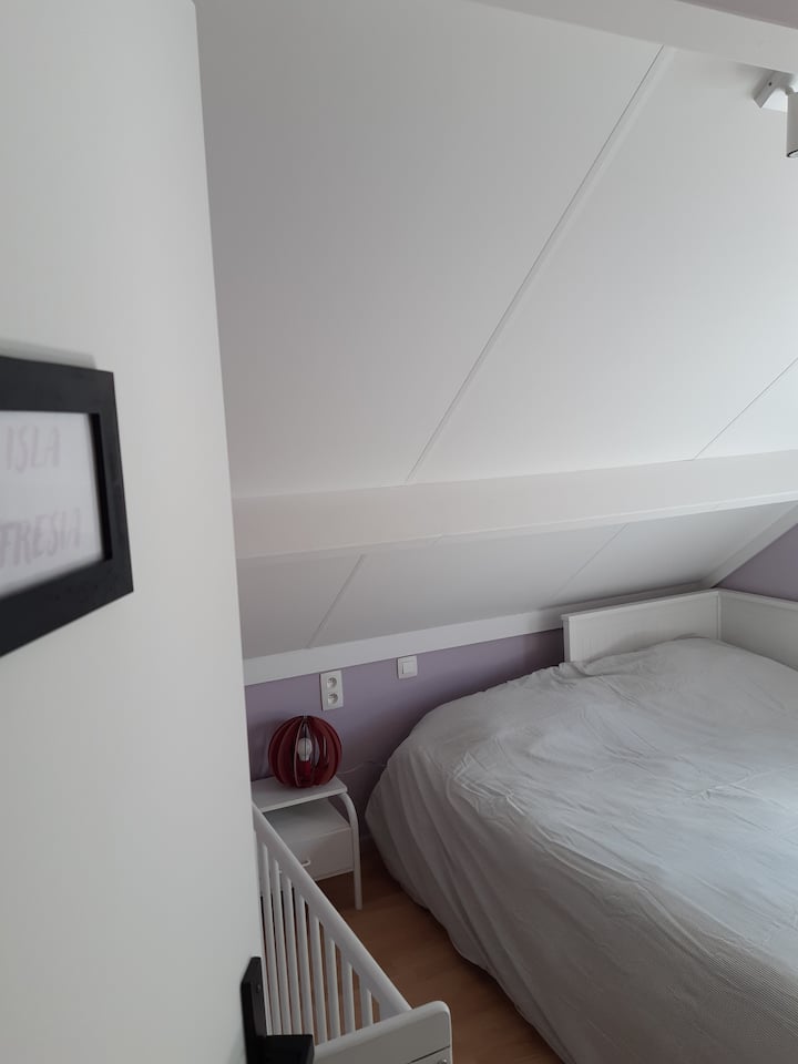 ISLA FRESIA : sofá cama de 80 cm extensible a cama doble de 160 cm colchones separados (resistentes y medio) +cuna+ maleta con silla alta, taburete escalonado, caja de bañera