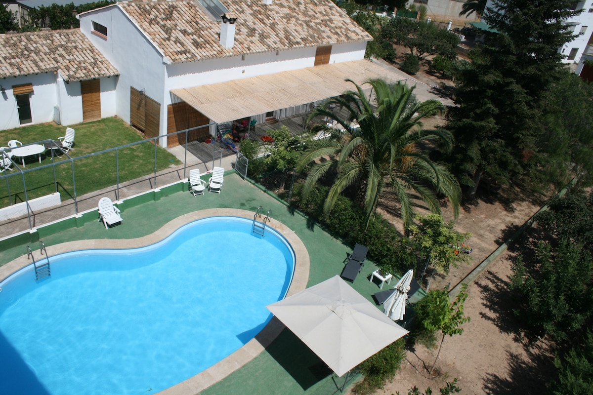 An aerial view captures the spacious outdoor area, featuring a blue swimming pool surrounded by sun loungers. A shaded patio area with a parasol is visible nearby, along with palm trees and well-maintained gardens adding greenery to the landscape.