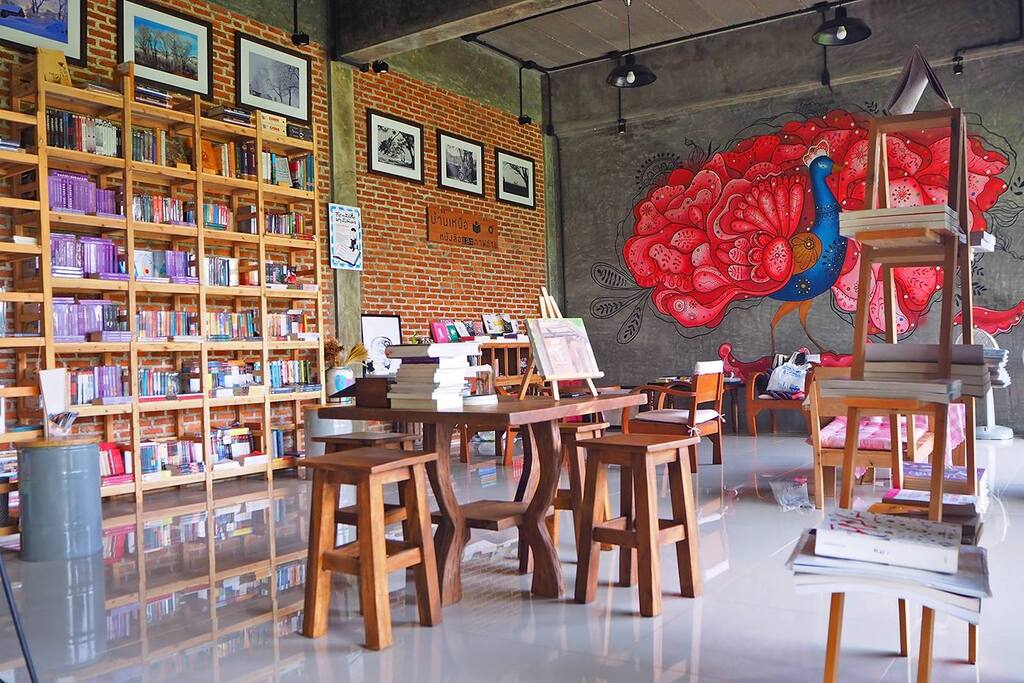 The first floor shared living room, coffee bar, and bookshop