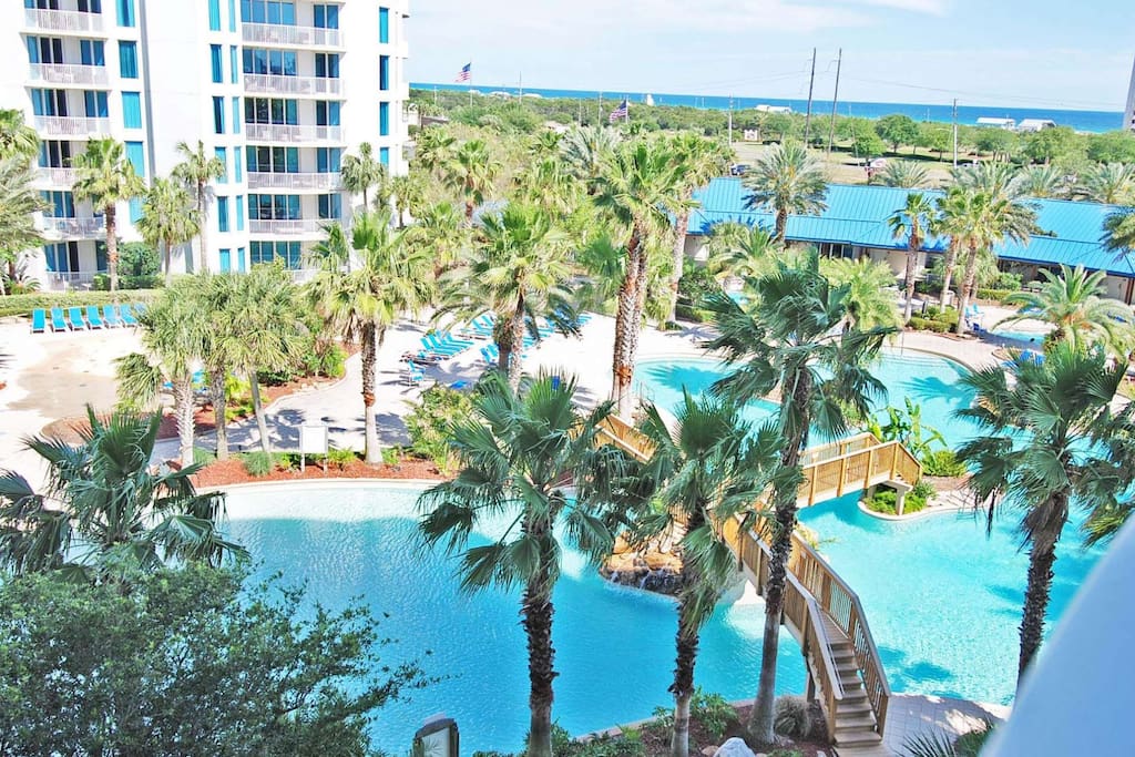 Beautiful view of the lagoon pool and gulf of Mexico from the balcony