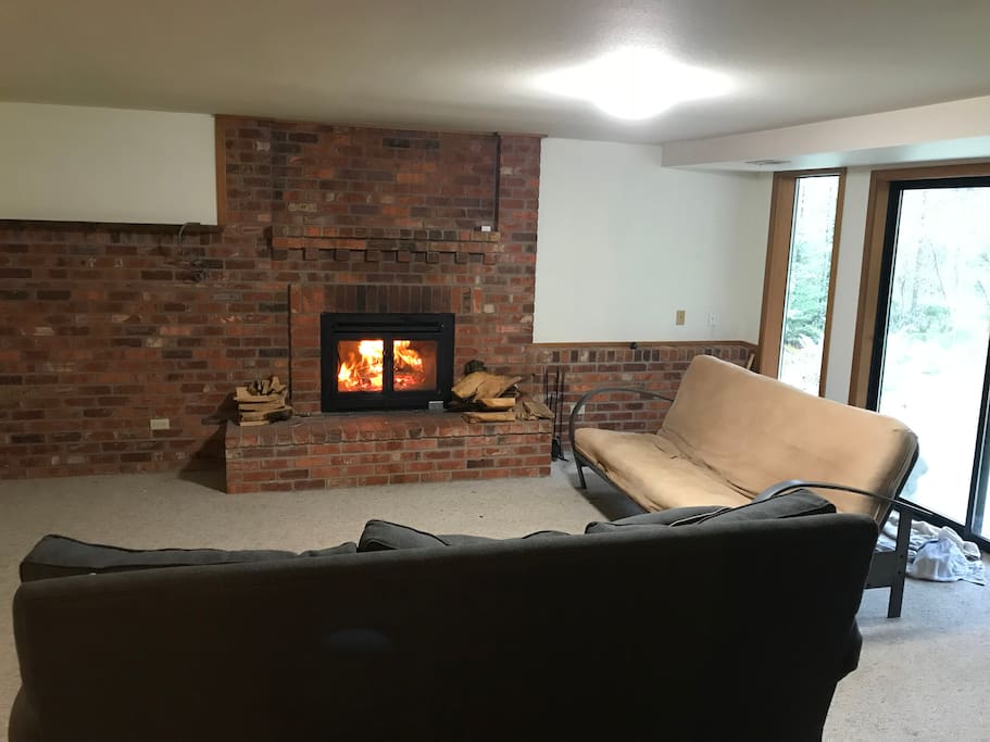 Cozy living area with wood stove