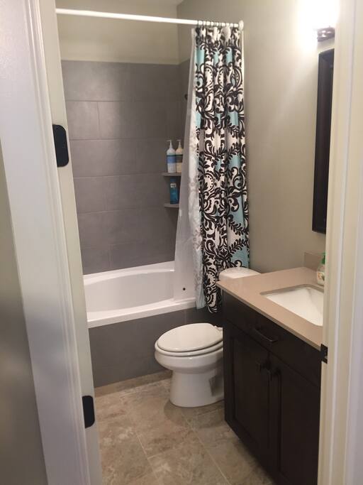 Bathroom, nice shower with big soaker tub.