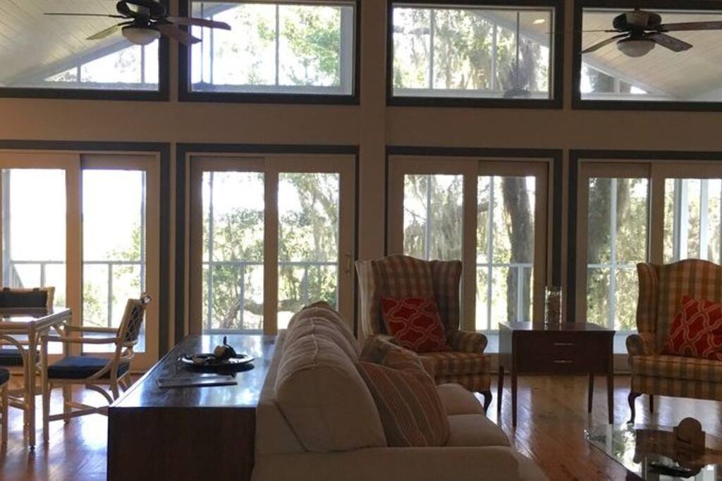 Large windows overlooking the marsh