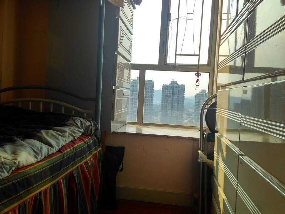private room (no locks), single bed+ AC+ (shared table & mirror in living room) ;