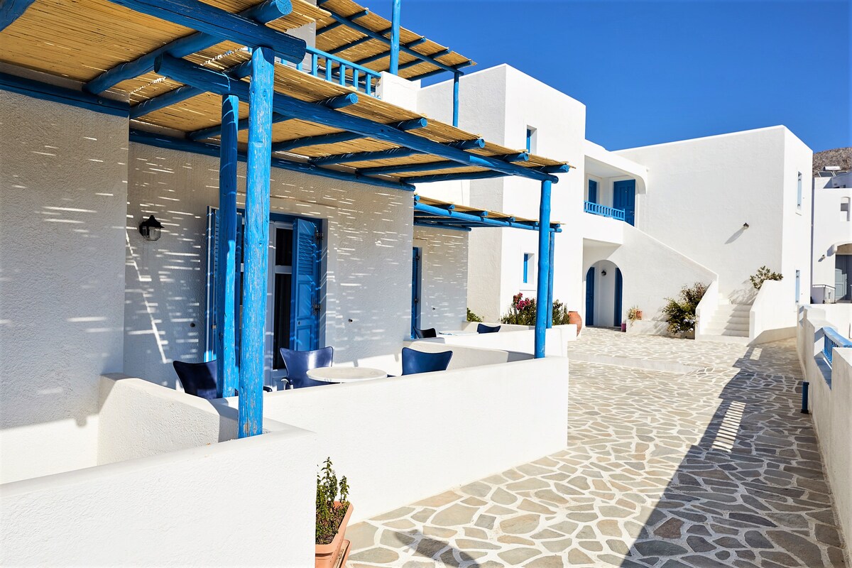 An outdoor area is featured, showcasing a paved stone pathway and whitewashed walls adorned with blue accents. A wooden pergola provides shade, while seating areas are arranged underneath. Lush greenery is visible in several planters, enhancing the charming, Mediterranean ambiance.