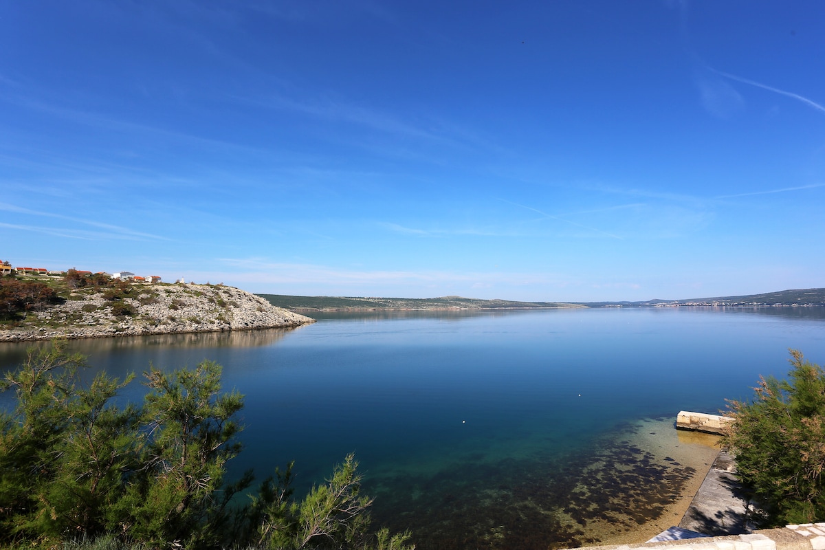 A scenic view of the tranquil sea is captured, reflecting blue skies and distant hills. The shoreline, featuring gentle hues of green and brown, meets the water's edge, creating a serene coastal ambiance. A sandy area is visible in the foreground, enhancing the natural landscape.