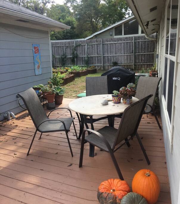 Deck, grill, backyard urban garden