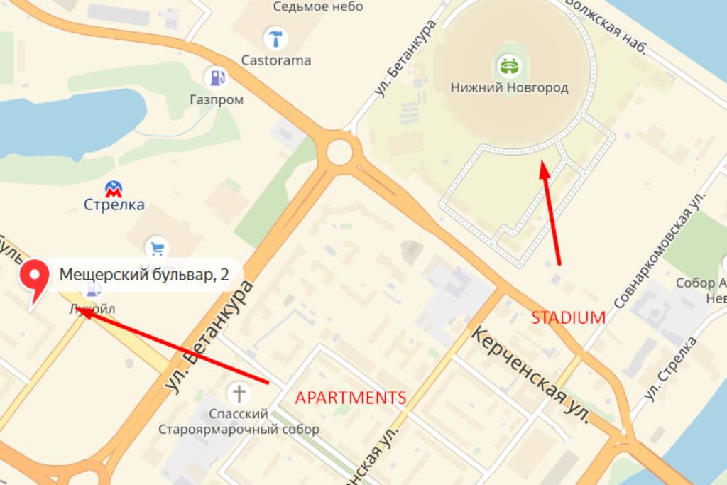 Beautiful apartment just 0,5 km. away from the stadium. The “Nizhniy Novgorod” stadium is just a short 10 min. walk away! Amazing location - close to the shops, the mall and the railway station. The area is beautiful and quiet.
Отличная квартира в 500 метрах от стадиона. Стадион "Нижний Новгород" в пешей доступности, всего 10 минут пешком. Хорошая инфраструктура, магазины в шаговой доступности. Хорошая транспортная развязка, около 1.5 км от железнодорожного вокзала