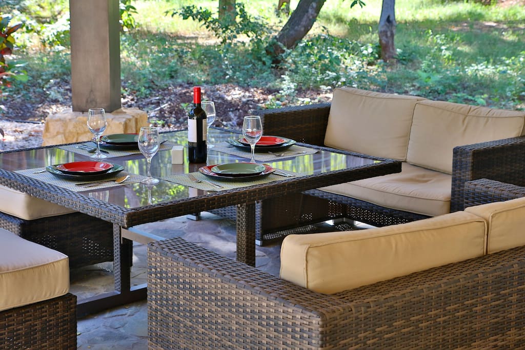 Patio set for al fresco dining on the patio.