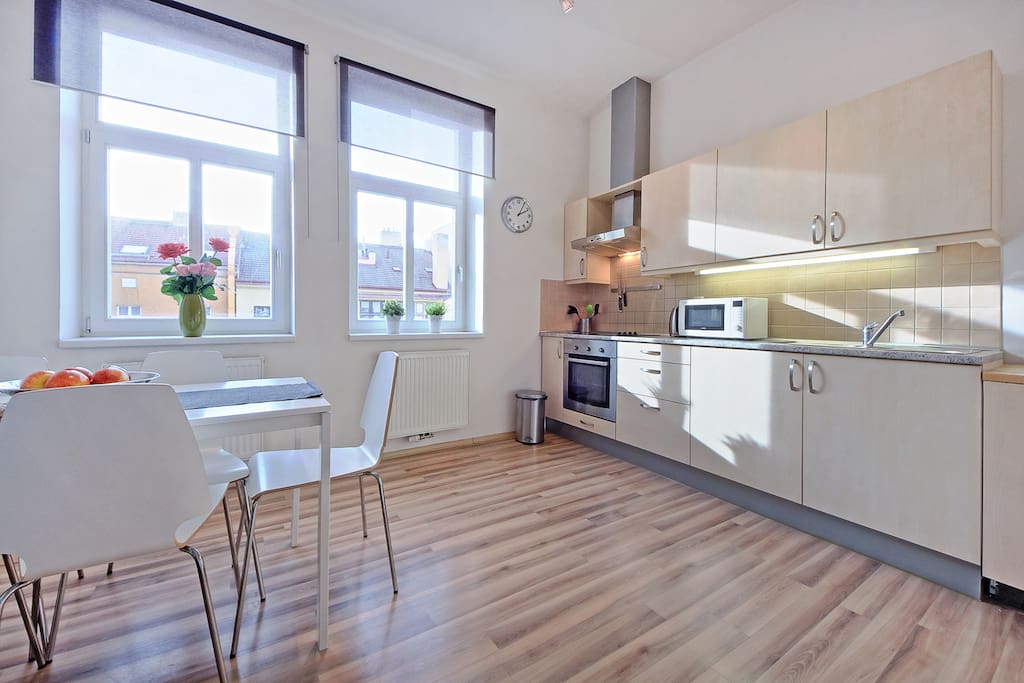 separated kitchen and dining area