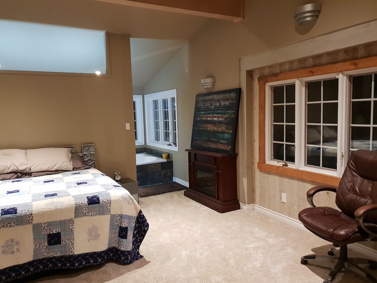 Glavni apartman. Kupaonica je kroz šetnicu u blizini kamina. Bračni krevet (180x200), TV od 46 inča s DVD uređajem i internet konekcijom, umjetni kamin/grijalica, ogromni prozori, ogledala od poda do stropa, jedinstveni ormar i drugi sadržaji. 