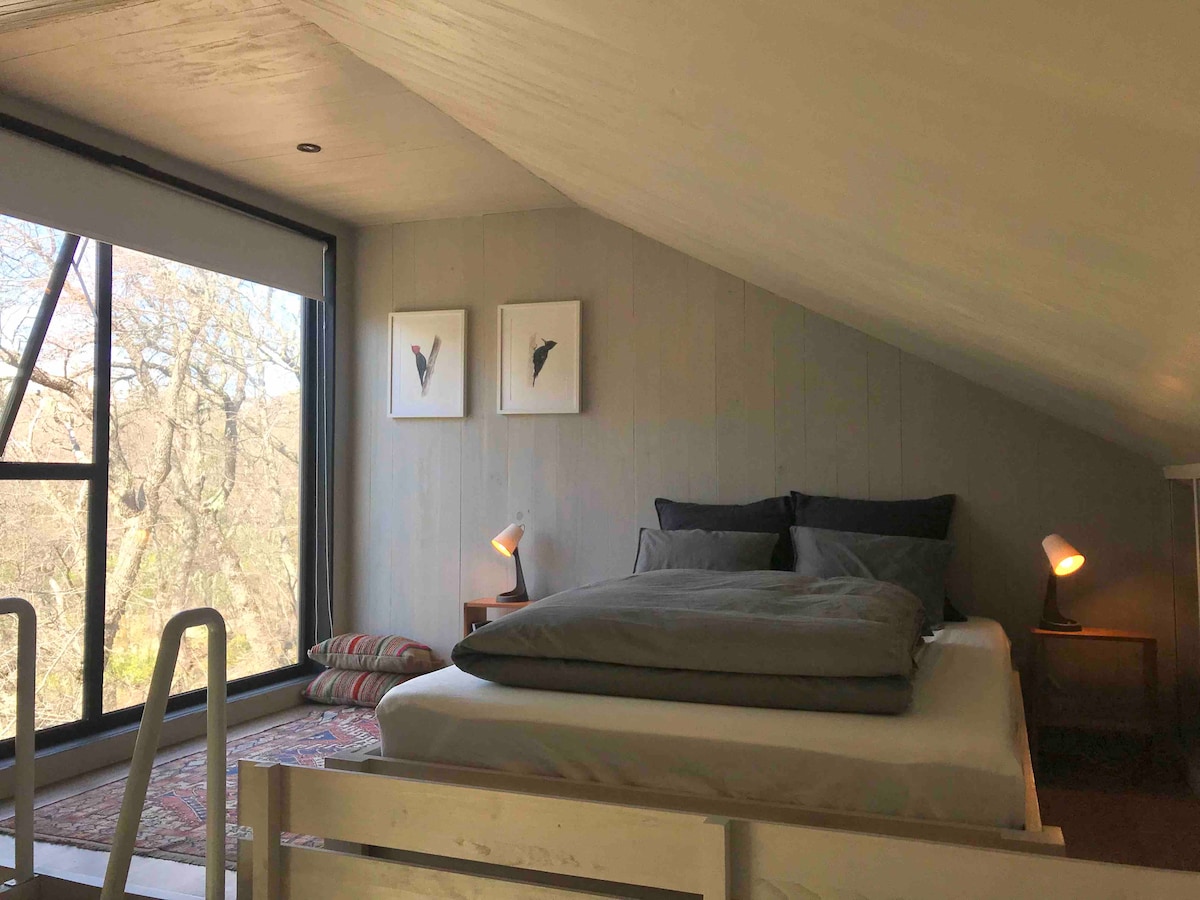 A spacious sleeping area features a large bed dressed in gray linens. Two bedside lamps provide soft lighting beside the bed. Large windows allow for natural light and views of the surrounding trees, while artwork hangs elegantly on the walls.