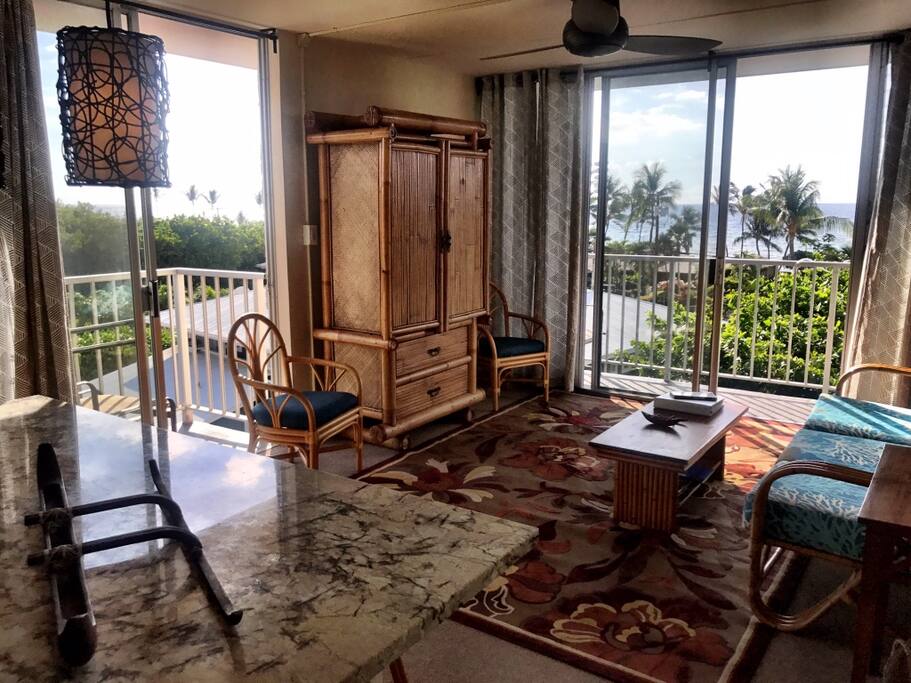The Living Room Now. Granite Kitchen Counters, Better Lighting, Hawaiian Ambiance, SAME Amazing View.