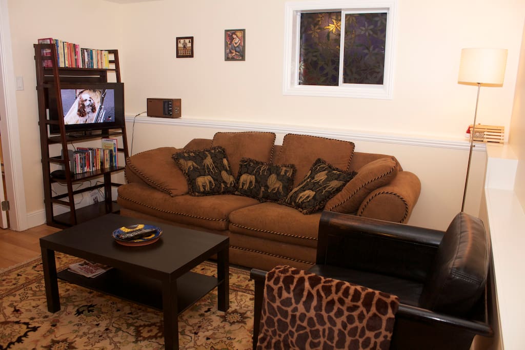 View of LR showing bookshelf, TV, couch, chair and coffee table.