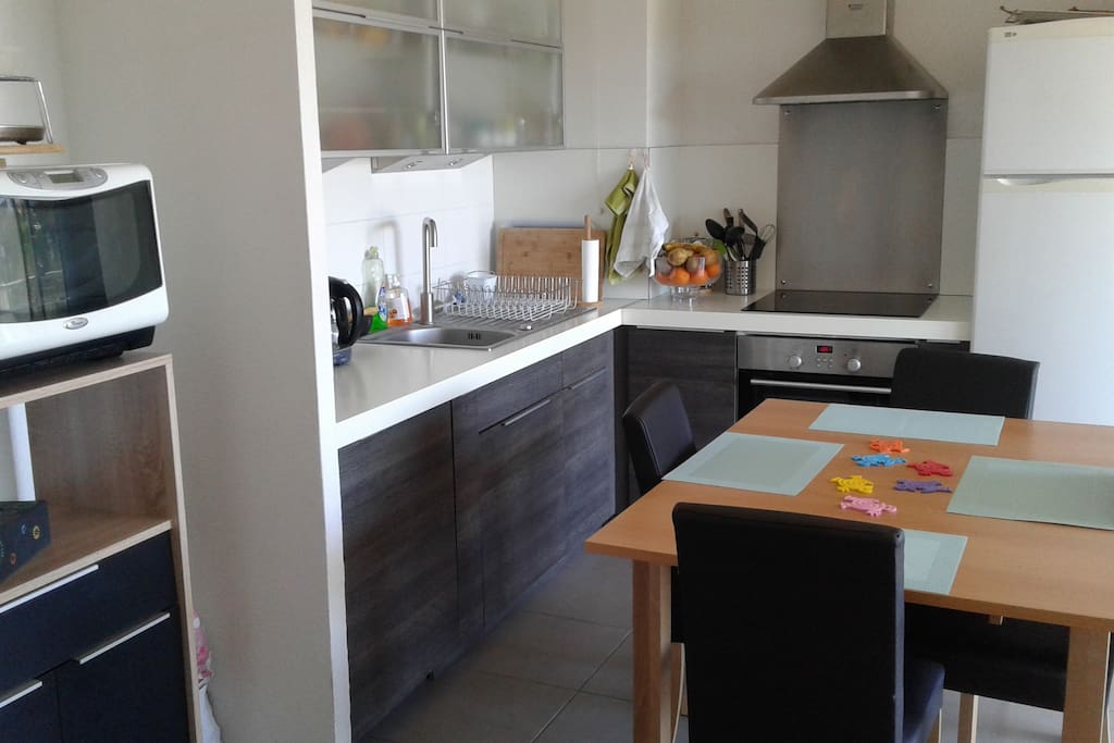 cuisine avec plaques à induction, four, frigo/congélateur...