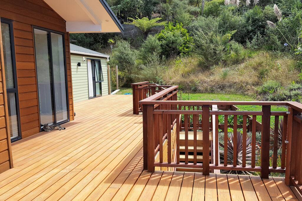 Sunny, North facing deck.