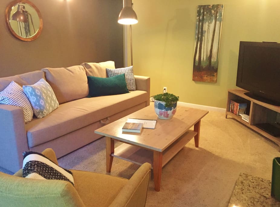 The living room is warm and spacious, with flat-screen TV w/ Amazon Prime and Netflix, DVD player and ample movies for both kids, teens and grown ups.