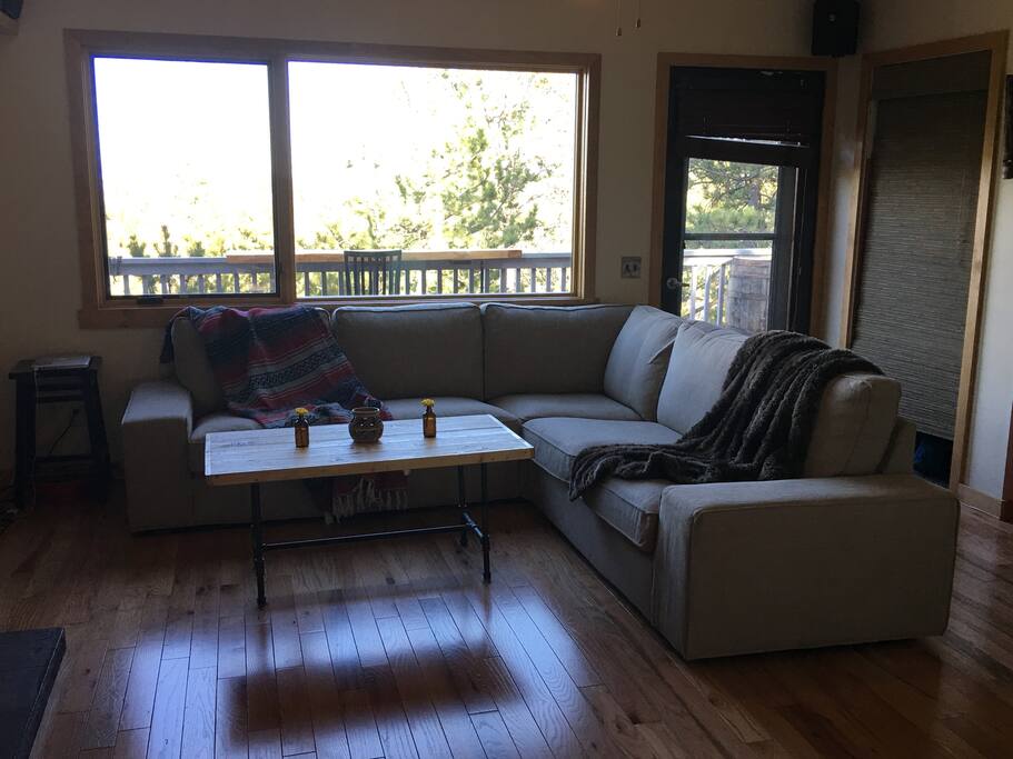 Expansive window in living room overlooking our fantastic view of South Boulder Peak and Eldorado Canyon.