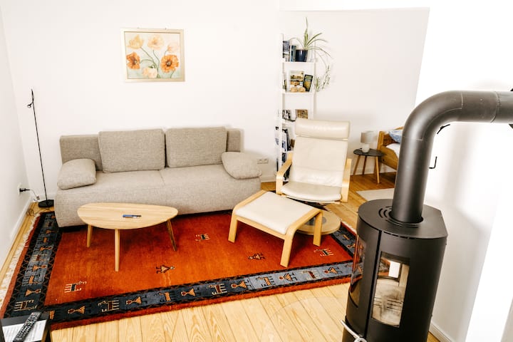 起居区（沙发床），右侧可见睡眠区