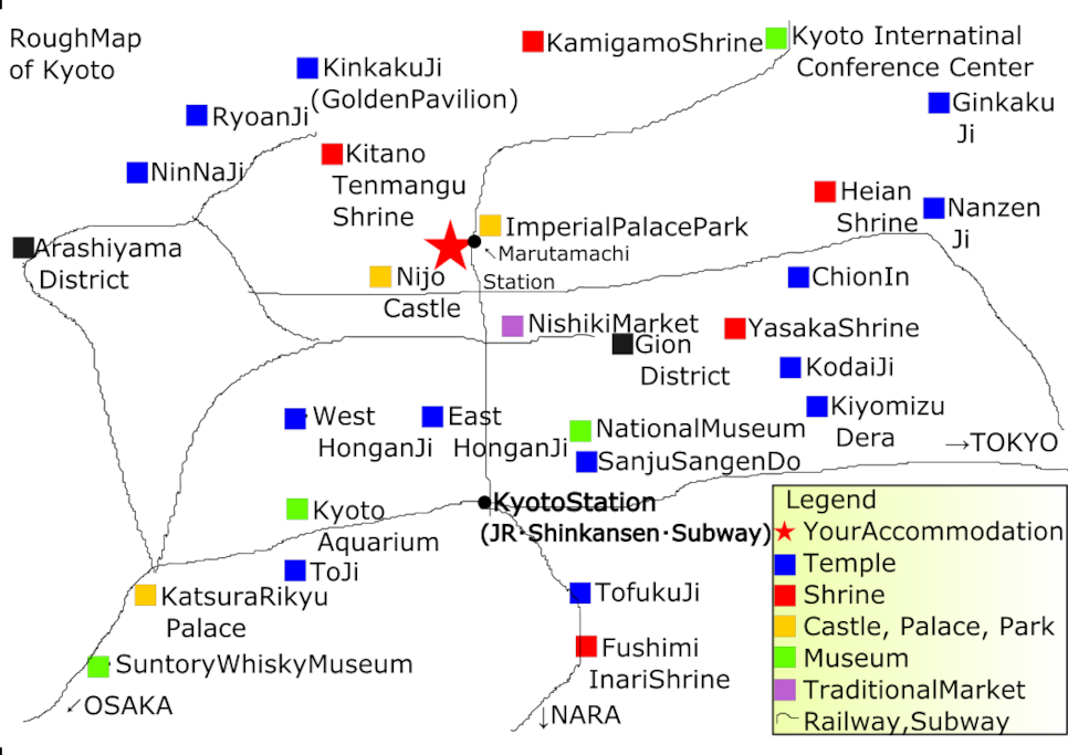 Rough Map. 4 stops from Kyoto Station, 8 minutes.
