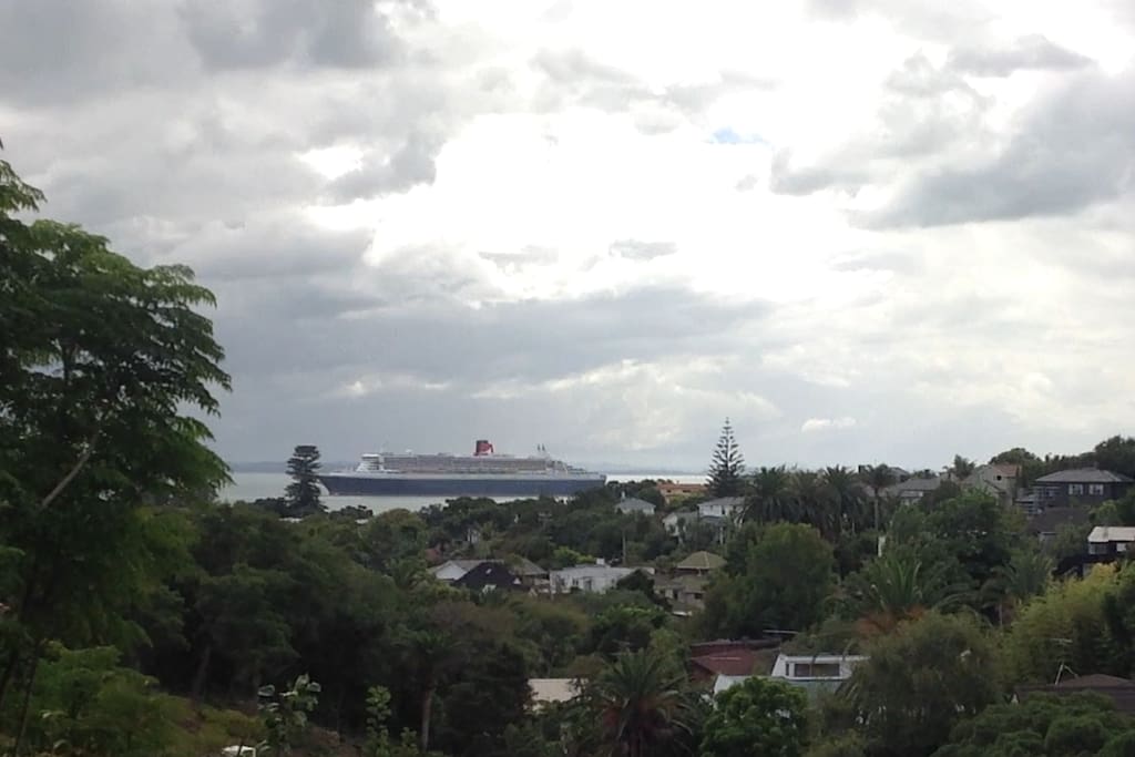 The view from my kitchen. Oh, and that is the Queen Mary sailing past.
