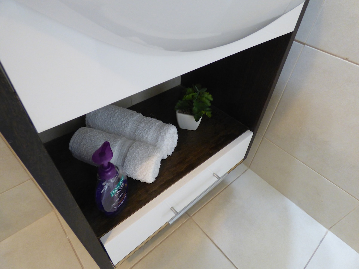 A bathroom storage area features neatly rolled towels alongside a small potted plant. A bottle of liquid soap is positioned on the shelf, adding a touch of color. The clean, tiled surroundings enhance the overall brightness of the space.