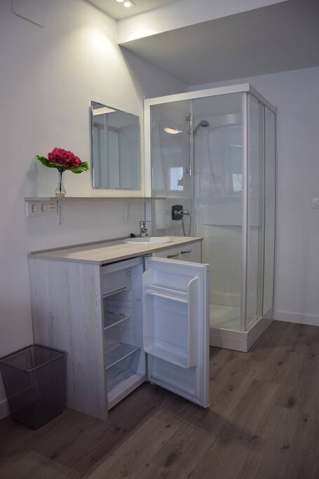 Equipada con ducha, lavabo y frigorífico personal.
