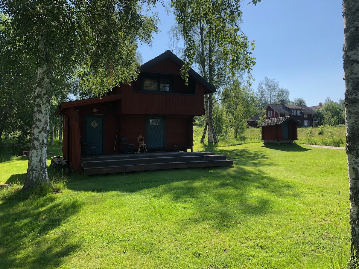 A red wooden cabin is situated in a green, open area, surrounded by birch trees. A spacious deck extends from the front of the cabin, and a single chair is placed nearby. In the background, additional buildings can be seen, contributing to a serene rural setting.