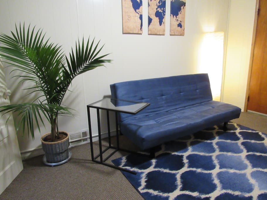 I love plants as you can see! Relax on our living room sofa while watching local channels on YouTube TV. At night, get your rest and recline the sofa into a bed.