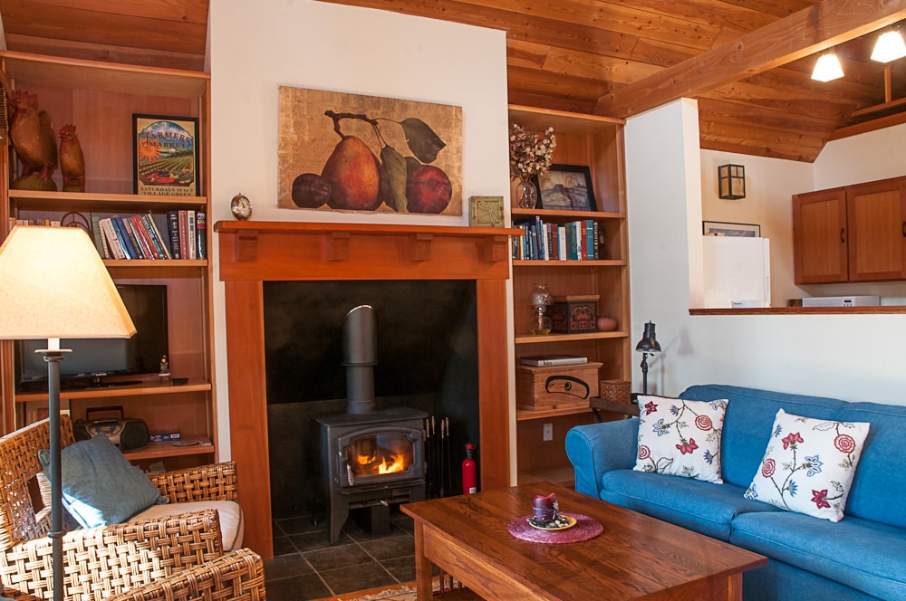 A comfortably furnished living area showcases a blue sofa with floral pillows and a woven armchair. A wooden coffee table is positioned centered in front of a stone fireplace. Bookshelves hold an array of books and decorative items, with soft lighting enhancing the cozy ambiance.