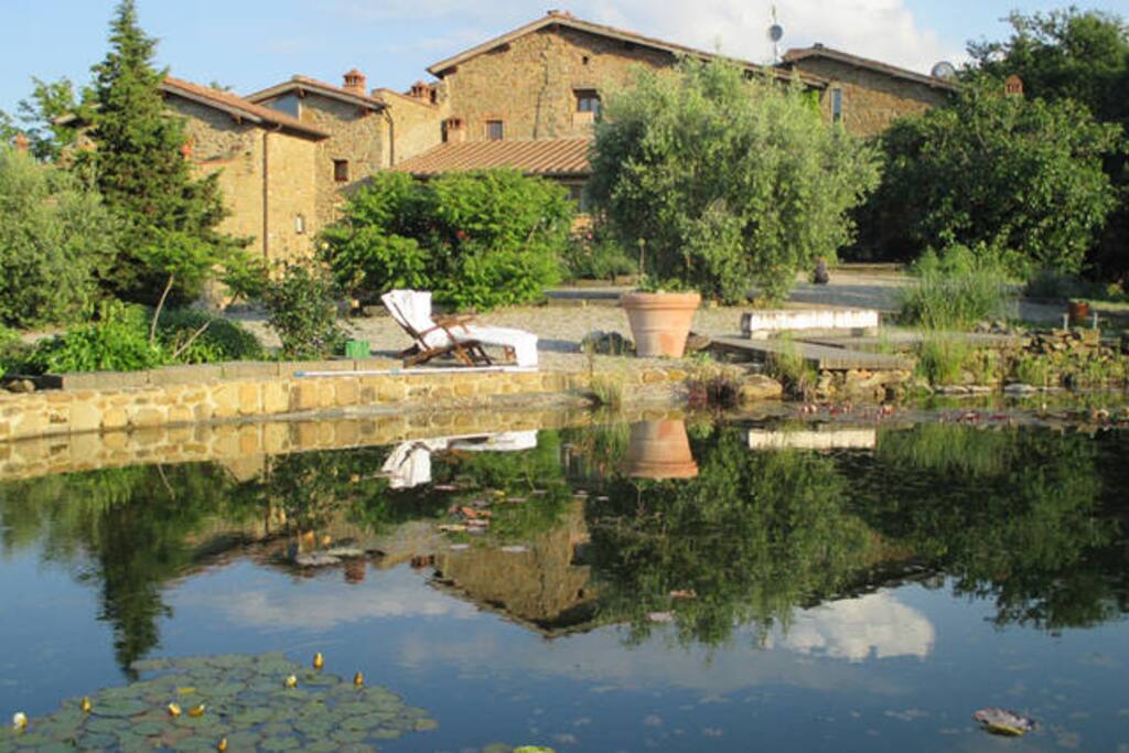 Podere Villole Montevarchi Toskana Rückansicht mit Teich und Seele baumeln lassen.