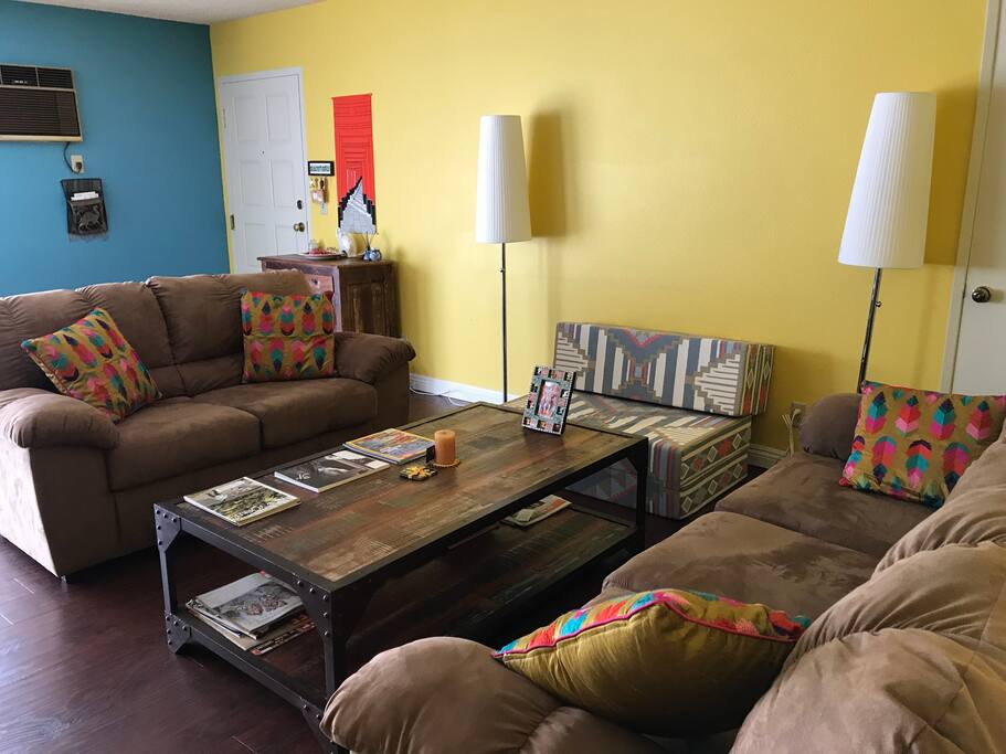Living room has two comfortable couches, and a futon if you need an extra bed!